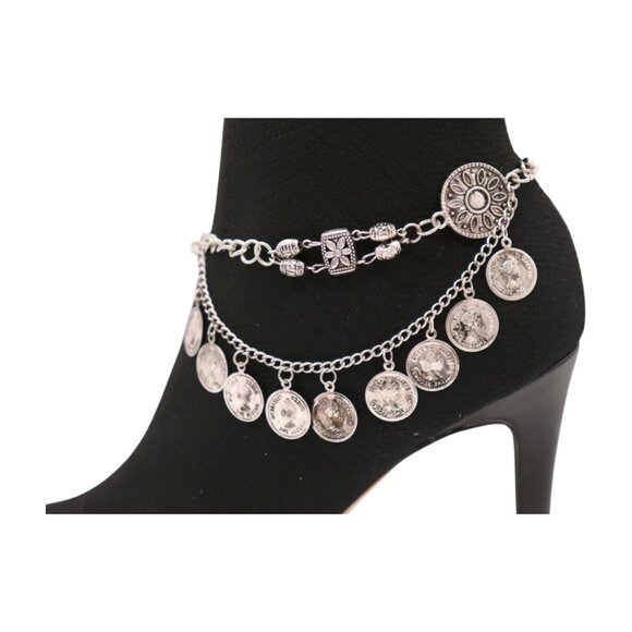 Women Silver Metal Boot Chain Bracelet Shoe Anklet Coin Wave Flower Charm SET - Picture 12 of 17